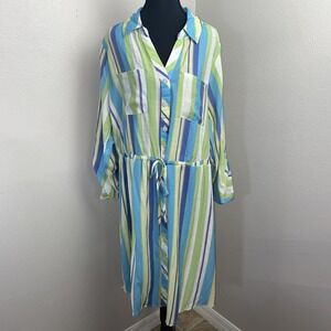 Cato Tie Waist Dress 18/20W Button Front Vertical Striped V-Neck Spring Colorful